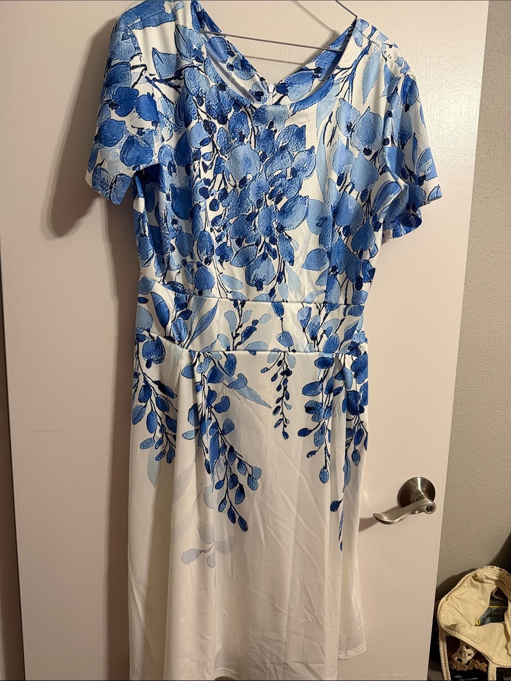 Blue and White Floral Short-Sleeve Midi Dress